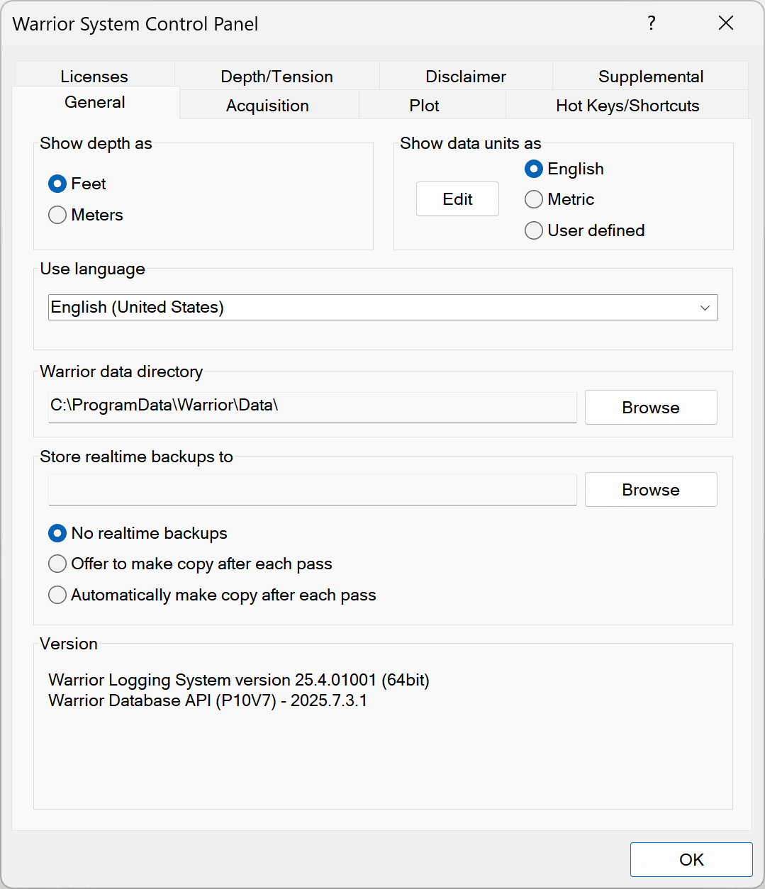 Warrior Control Panel with software option tabs